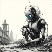 A melancholic robot sits amidst a desolate landscape, its glowing blue eyes hinting at emotional depth as tangled wires and debris surround it, reflecting the quote about a manically depressed robot.