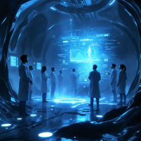 A group of scientists in lab coats stands in a futuristic, dimly lit chamber, gazing at glowing data projections, embodying confusion and concern as they analyze perplexing information.