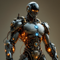 A futuristic robot exuding strength and wisdom, adorned with glowing elements. Engraved on its chest is the quote, To be a great player, you have to be a great person.