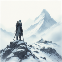 A solitary warrior stands on a snowy peak, gazing at distant mountains and a forsaken village, embodying the struggle against despair and the importance of close allies.