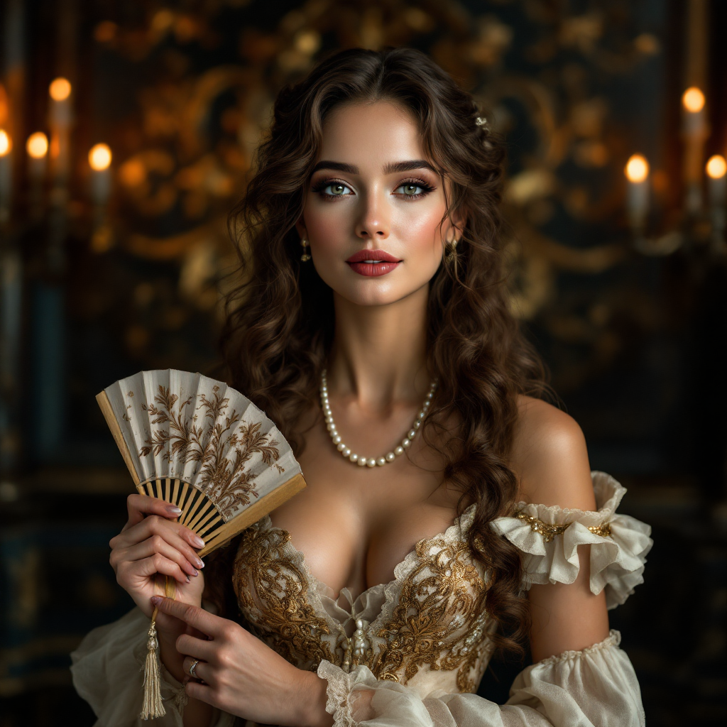 A woman with long, wavy hair holds a decorative fan, wearing an ornate, vintage-inspired gown. She stands confidently against a richly lit backdrop, embodying the quote, I am who I am.