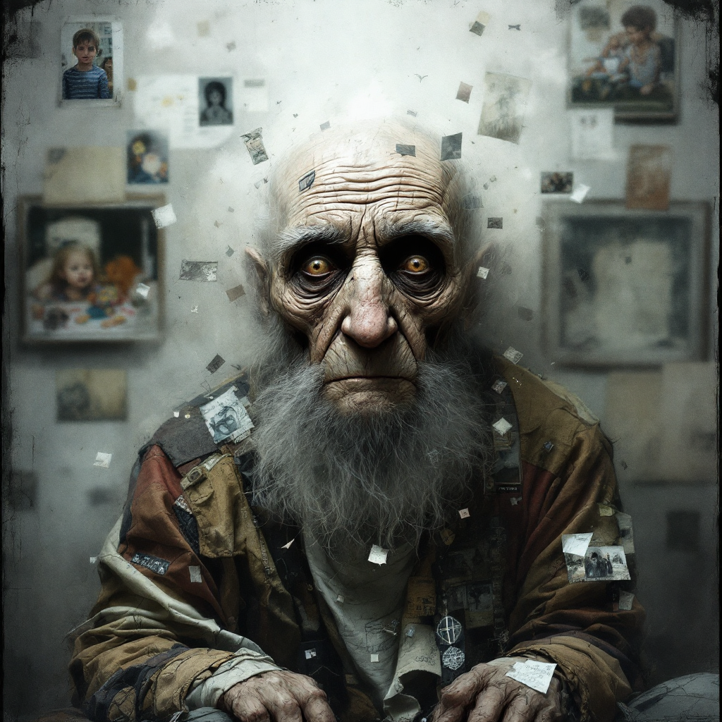 An elderly man with a weathered face and intense eyes sits against a backdrop of scattered photographs, embodying a life shaped by moments and memories.