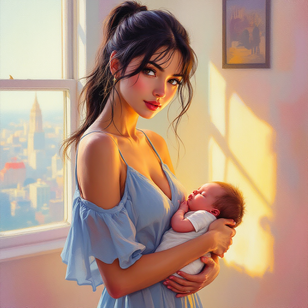 A confident mother cradles her newborn, embodying the harmony of motherhood and ambition, set against a city skyline bathed in warm light.