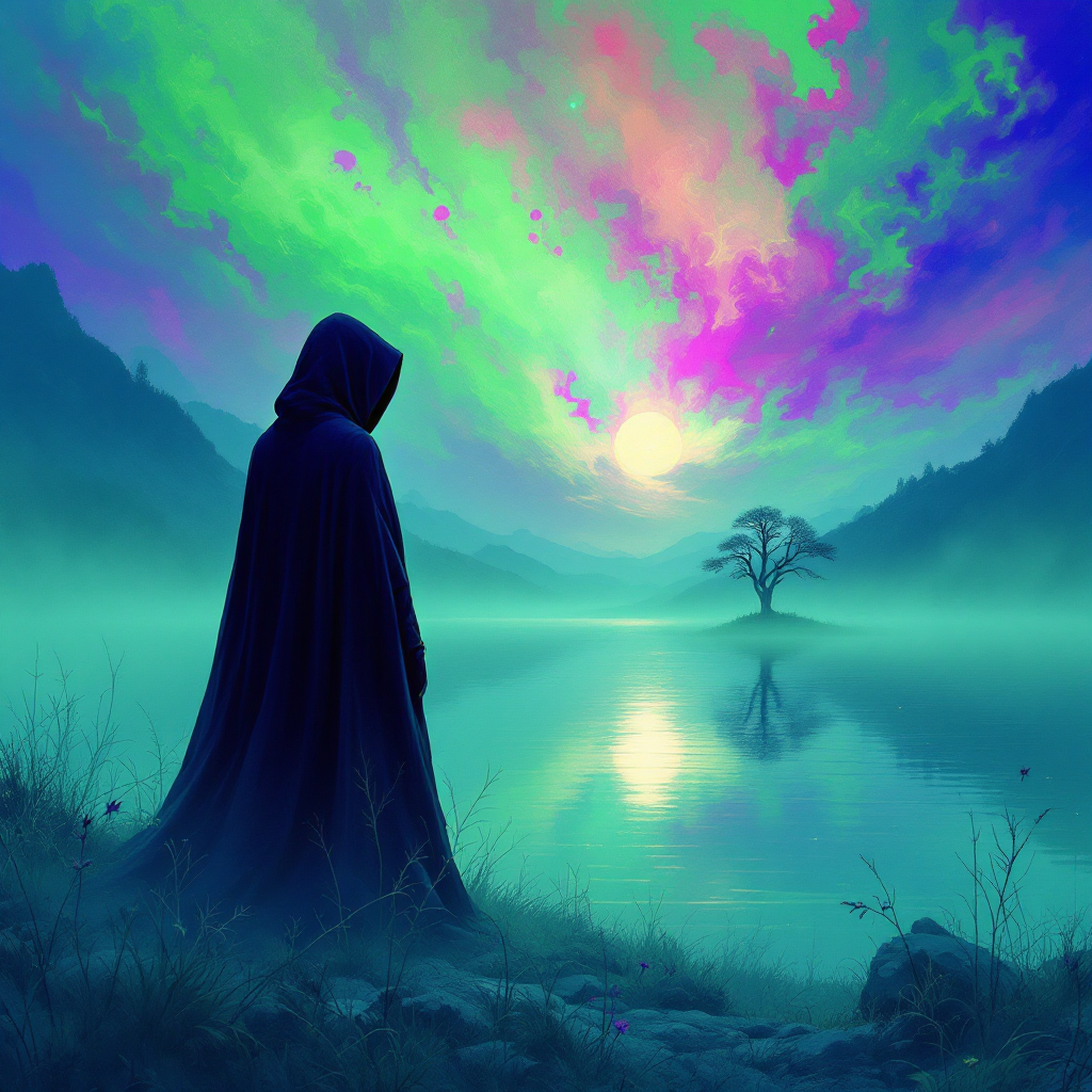 A cloaked figure stands by a tranquil lake, gazing at a vibrant sky filled with swirling colors and a luminous sun, embodying the quote, To be silent is to be free.