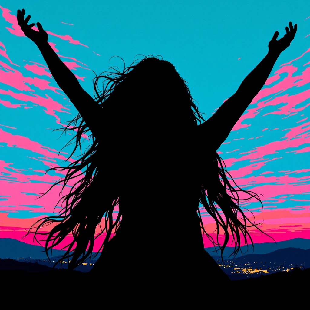 A silhouette of a person with outstretched arms stands against a vibrant pink and blue sunrise, symbolizing hope and the promise of dawn despite the darkness.