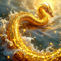 A majestic golden dragon weaves through shimmering waves, bathed in warm light, symbolizing the power to choose one's own path and control destiny.