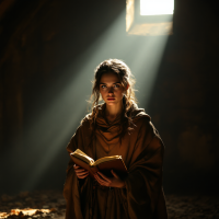 A young woman stands in a dimly lit room, holding a book close to her chest. Rays of light stream through a window, illuminating her thoughtful expression, embodying the essence of doing what is right.