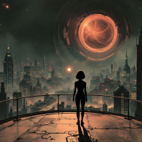 A silhouetted figure stands on a balcony overlooking a futuristic cityscape, with a glowing, swirling portal in the sky, embodying the essence of missed opportunities.