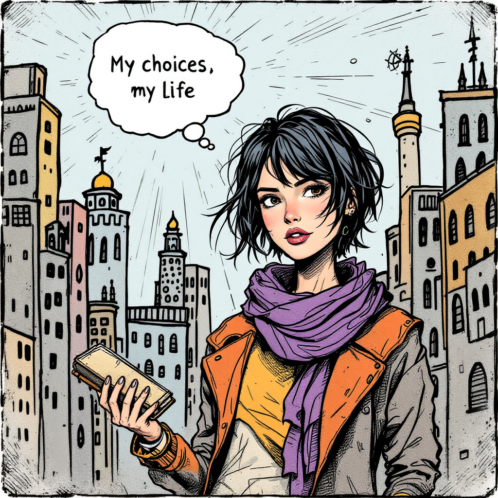 A confident young woman stands in a cityscape, holding a book. Above her, a speech bubble reads, My choices, my life, reflecting the value of self-determination and personal agency.