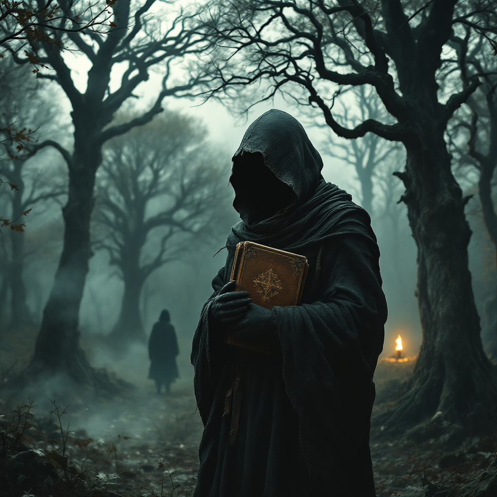 A hooded figure stands in a misty, dark forest holding a book, with a distant silhouette and a faint candlelight illuminating the eerie surroundings, evoking themes of criticism and rejection.