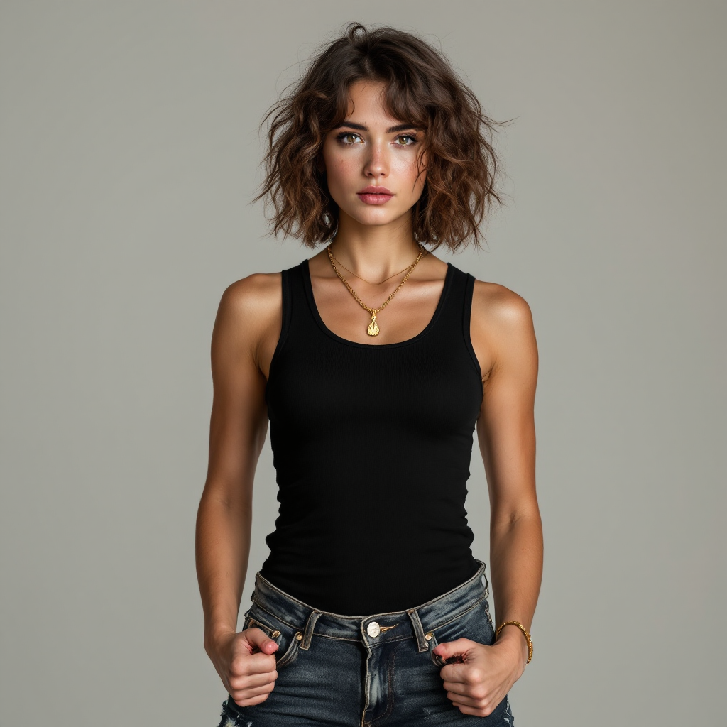 A confident young woman stands against a neutral background, wearing a black tank top and denim shorts, embodying the spirit of self-acceptance and determination from the quote.