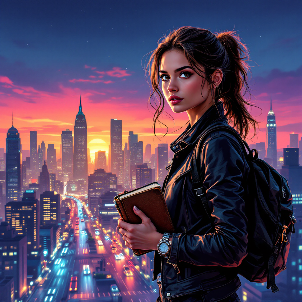 A confident young woman stands with a book in hand, gazing at a vibrant sunset over a bustling city, embodying the idea that bravery emerges through life's challenges.