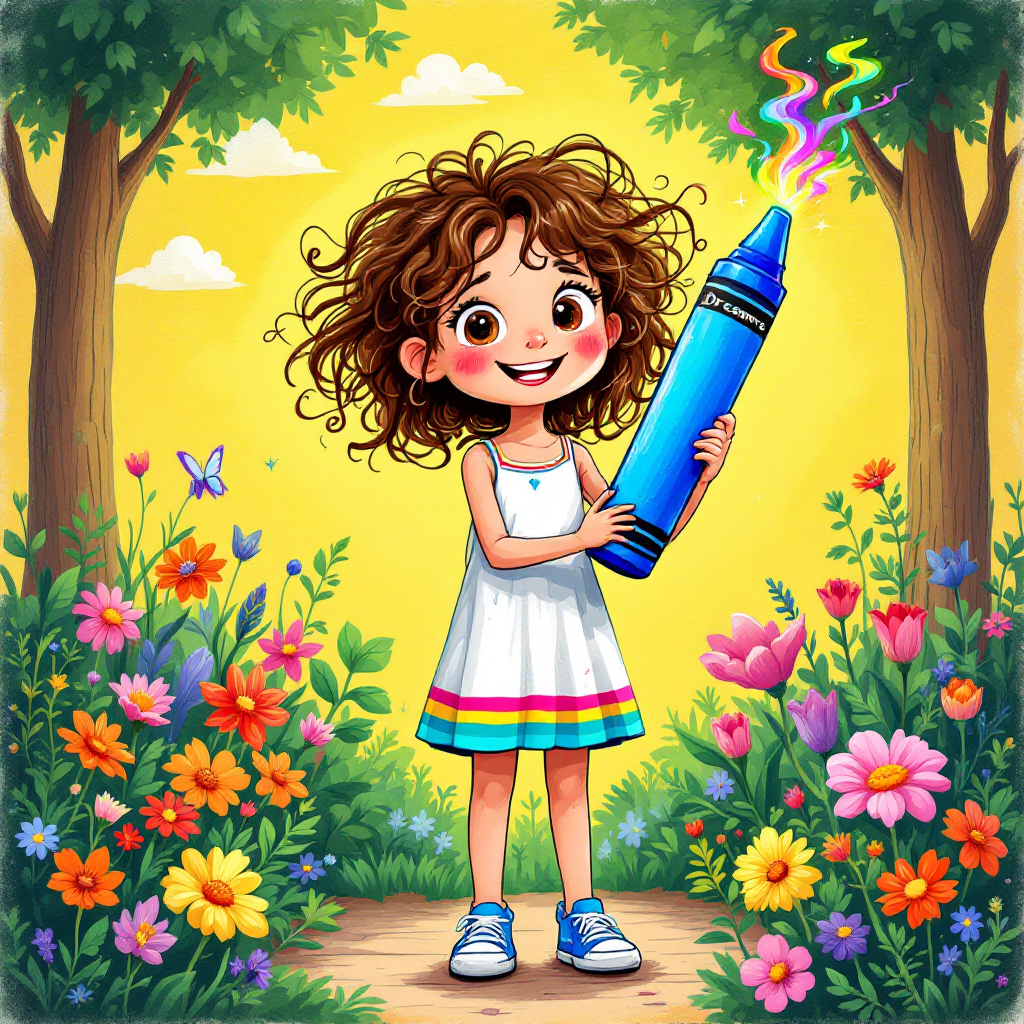 A cheerful young girl with curly hair holds a large blue crayon, surrounded by vibrant flowers and a sunny backdrop, embodying the spirit of growth and creativity.