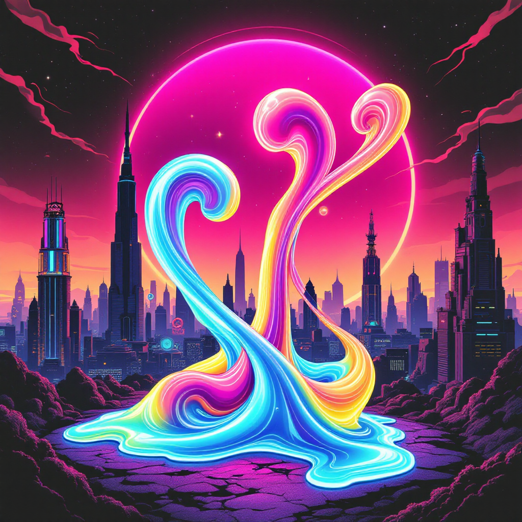 A vibrant, surreal scene featuring colorful, fluid shapes rising in front of a striking city skyline under a bold pink moon, symbolizing the malleable nature of truth.