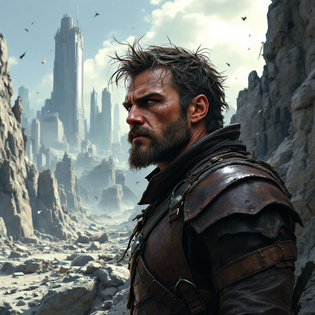 A rugged hero stands amidst a desolate landscape, embodying strength and uncertainty, reflecting the quote: Even the bravest heroes have their doubts. Dramatic ruins loom in the background.