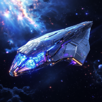 A sleek, futuristic spaceship with a streamlined design, glowing blue accents, and a tapered tail, set against a vibrant cosmic backdrop filled with stars and nebulae.