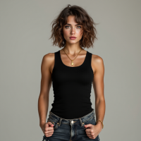 A confident young woman stands against a neutral background, wearing a black tank top and denim shorts, embodying the spirit of self-acceptance and determination from the quote.