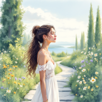 A young woman in a flowing white dress stands serenely on a flower-lined path, surrounded by lush greenery and a tranquil waterscape, reflecting on the meaning of happiness and ease.