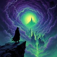 A figure silhouetted against swirling clouds and lightning gazes into a vibrant, chaotic vortex, revealing a mystical city illuminated by an otherworldly green light.