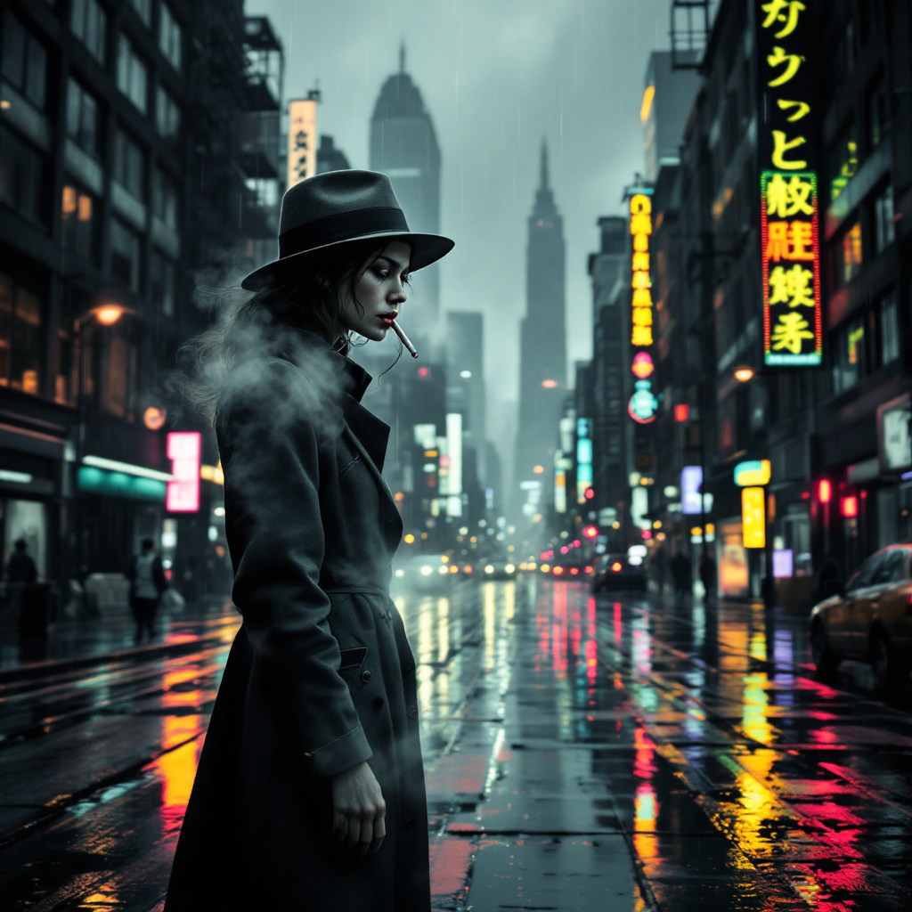 A solitary figure in a dark trench coat stands amidst a rain-soaked city, illuminated by neon signs, capturing the essence of a long succession of bad days.