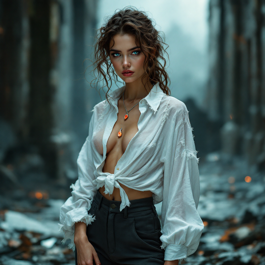 A woman with tousled hair stands amid ruins, wearing a loose white shirt and dark pants. She gazes intensely, embodying chaotic allure against a backdrop of destruction.