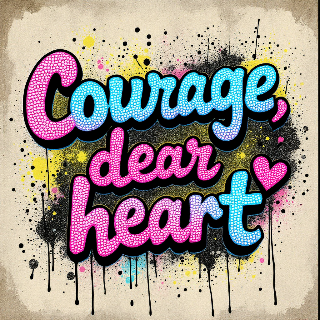 Colorful typography featuring the phrase Courage, dear heart in vibrant pink and blue, surrounded by splashes of yellow and black paint, set against a textured background.