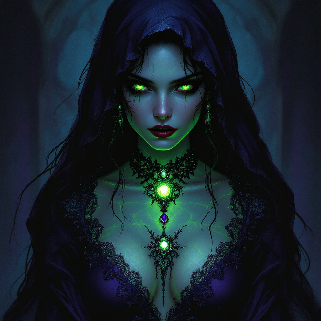 A mysterious woman in a dark hooded cloak, with glowing green eyes and intricate jewelry, embodies the quote, The law is a jealous mistress, evoking a sense of allure and danger.