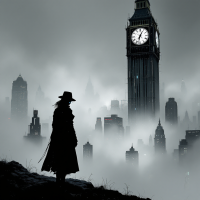 A silhouetted figure in a long coat stands on a hill, overlooking a foggy cityscape with a clock tower, embodying resilience and strength amidst isolation.