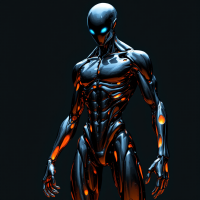 A sleek, humanoid figure with a shiny, black and orange metallic surface stands confidently against a dark backdrop, embodying the sentiment of unapologetic self-acceptance from the quote.