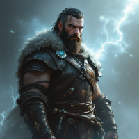 A rugged warrior stands confidently amidst a storm, embodying the quote, A man’s worth is not determined by the might of his sword, but by the depth of his soul.