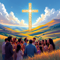 A diverse group of individuals gathers in a sunlit field, gazing up at a large, intricately designed cross glowing above the landscape, embodying the quote on Christianity as a way of life.