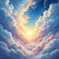 A radiant sunrise breaks through fluffy clouds, embodying the spirit of resilience and determination, echoing the sentiment that heart triumphs over strength in battle.