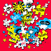 Colorful puzzle pieces featuring eyes and bold text read fact and fiction on a vibrant red background, illustrating the idea of uncovering truth like solving a puzzle.