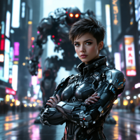 A fierce woman in a sleek black suit stands confidently in a futuristic city, with a towering robotic figure in the background, embodying the essence of appreciation over possession.