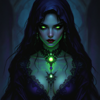 A mysterious woman in a dark hooded cloak, with glowing green eyes and intricate jewelry, embodies the quote, The law is a jealous mistress, evoking a sense of allure and danger.