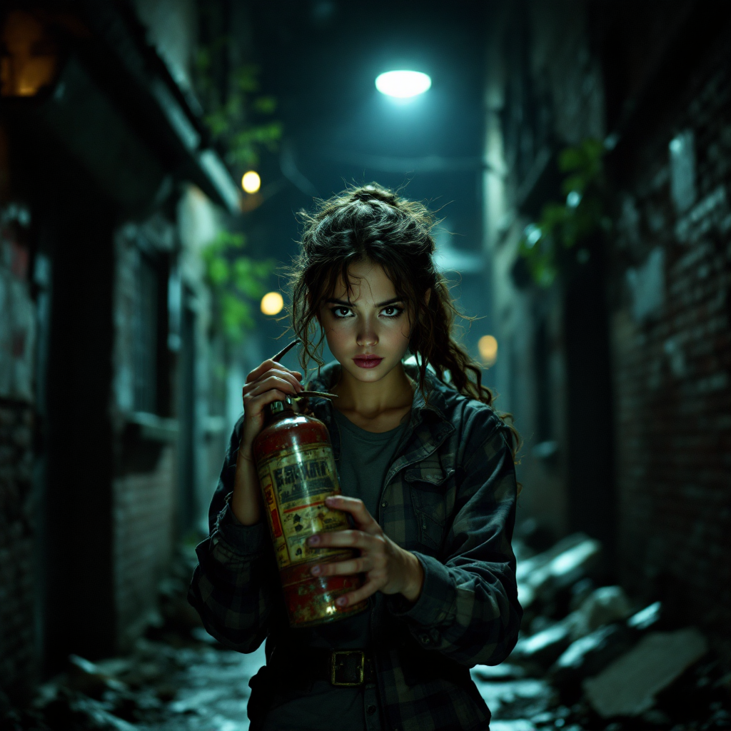 A young woman stands confidently in a dimly lit alley, holding a fire extinguisher, embodying the quote: Even the smallest act of bravery is still an act of bravery.