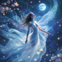 A luminous figure in a flowing gown dances under a full moon, surrounded by swirling mist and blossoms, embodying ethereal love and timeless connection across ages.