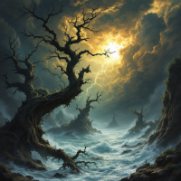 A dramatic landscape with gnarled, leafless trees emerges from a tumultuous sea under stormy skies, illuminated by a powerful, golden light, evoking themes of survival and nature's rawness.