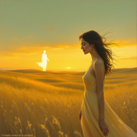 A woman in a flowing yellow dress stands in a golden field, contemplating, as a ghostly figure appears in the background, evoking thoughts of remembering loved ones in times of trouble.