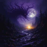 A dark, foreboding landscape illuminated by a full moon. A shadowy figure looms over a winding path, symbolizing fear growing in the absence of hope.