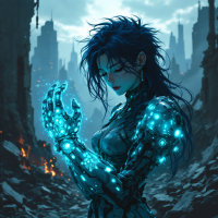 A somber figure with blue-lit robotic arms gazes at their hands amidst a desolate, futuristic landscape, embodying the duality of love's wonder and its terrors.