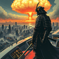 A samurai in ornate armor stands on a balcony overlooking a city, with a large mushroom cloud rising in the background, embodying the resolve of dying in battle to fulfill the Emperor's will.