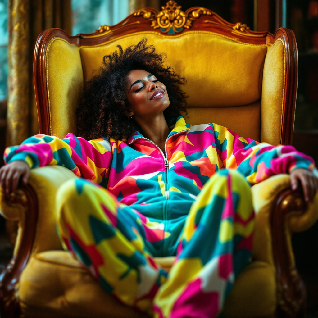 A woman in a colorful, patterned tracksuit collapses comfortably into a regal yellow armchair, her relaxed expression conveying a sense of ease and contentment.