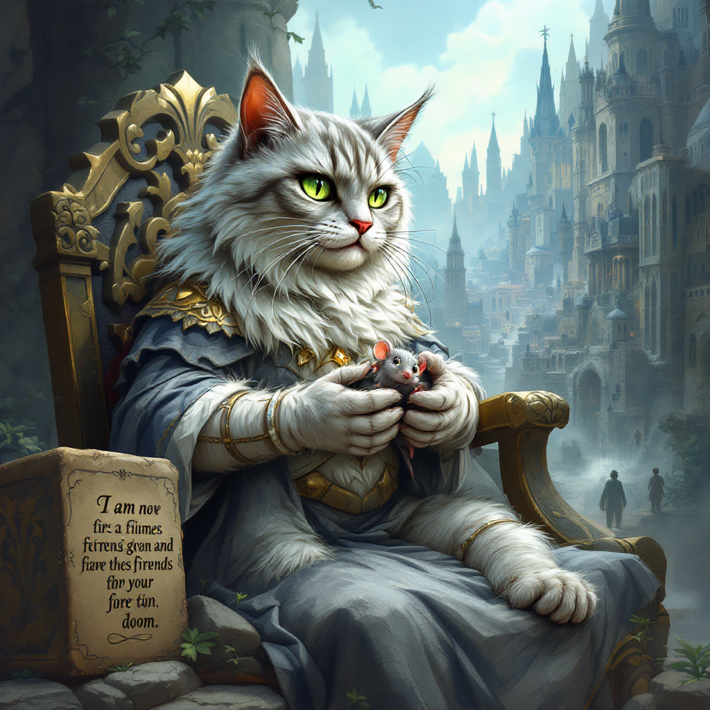 A regal cat, dressed in royal attire, sits on a throne holding a mouse, surrounded by a misty, medieval landscape, embodying the complexity of morality.