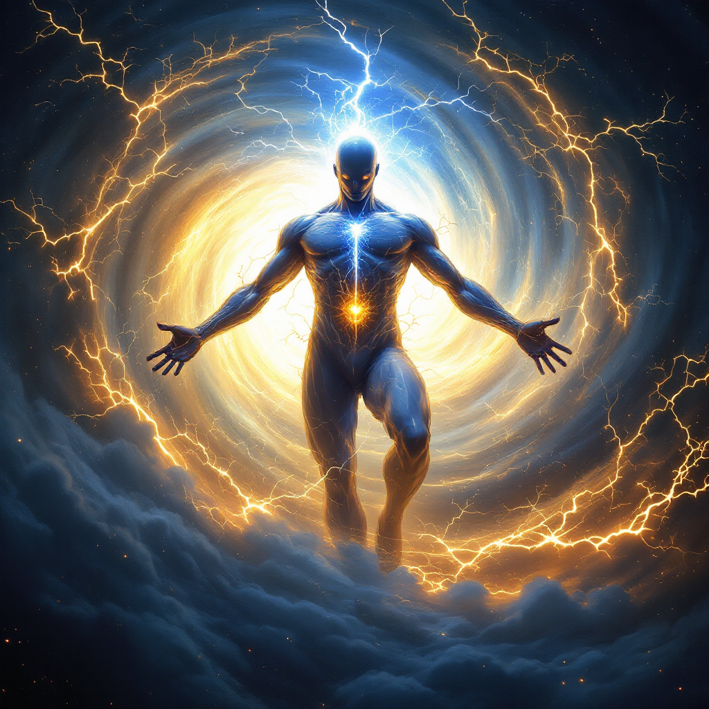 A glowing figure stands within a swirling vortex of light and energy, symbolizing transformation and the potential for personal growth amidst chaos and past experiences.