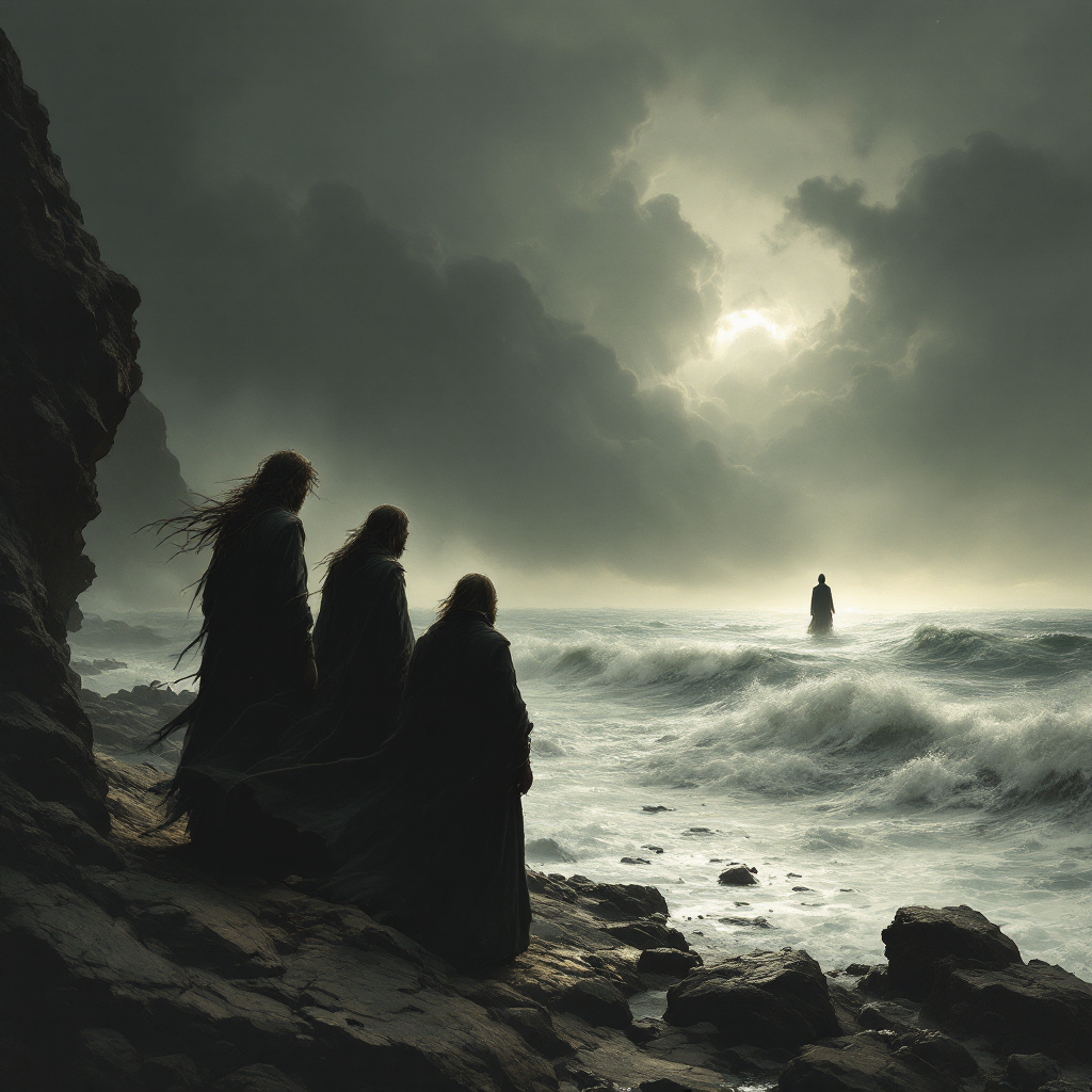 Three cloaked figures stand on a rocky shore, facing turbulent waves under a stormy sky. In the distance, a solitary figure stands amidst the frothy sea, embodying the quote's themes of fear and tension.