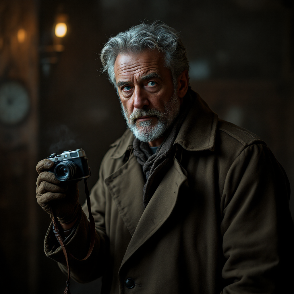 A weathered man with gray hair and a beard holds a camera, dressed in a warm coat, evoking a sense of comfort while maintaining an air of detachment. The backdrop suggests a vintage atmosphere.