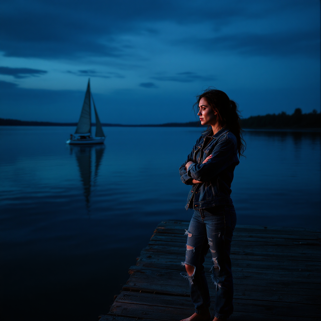 A young woman stands on a dock at twilight, gazing pensively at a distant sailboat, embodying the complexity of love and the decision to walk away.