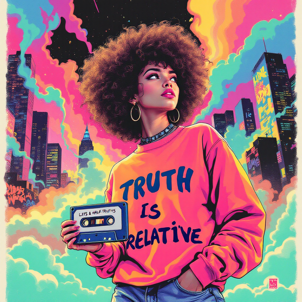 A confident woman with curly hair wears a vibrant “Truth is Relative” sweater, holding a cassette tape against a colorful, swirling cityscape, reflecting the book's theme of subjective truth.