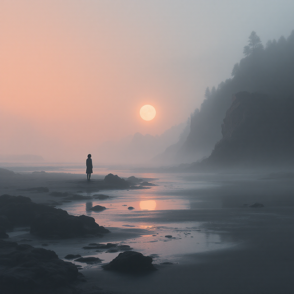 A solitary figure stands on a misty beach at sunset, embodying the quote about the beauty felt with the heart, as soft colors and serene reflections surround the scene.